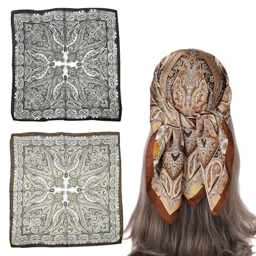 SEABABOO 2 Pièces Bandana pour Femmes, 70x70cm Satiné Foulard Carré Doux, Léger Bandana Imprimé Tendance pour Hommes Femmes, Marron, Bleu