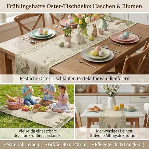 Ostern Tischläufer mit Hasen und Blumen, Waschbare Frühling Tischdekoration für Küche und Esstisch, für drinnen und draußen, Ostergeschenke, 140x40 cm