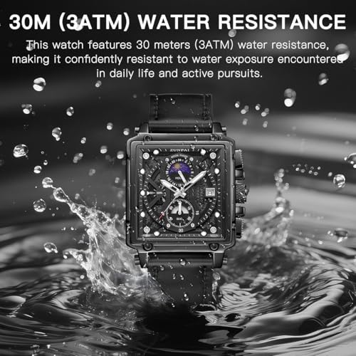 Image of ZUNPAI Moon Phase Watch for Men Multifunction Chronograph Dial Analog Quartz Square Wristwatch Business Dress Watch with Luminous Waterproof Calendar Silicone Strap