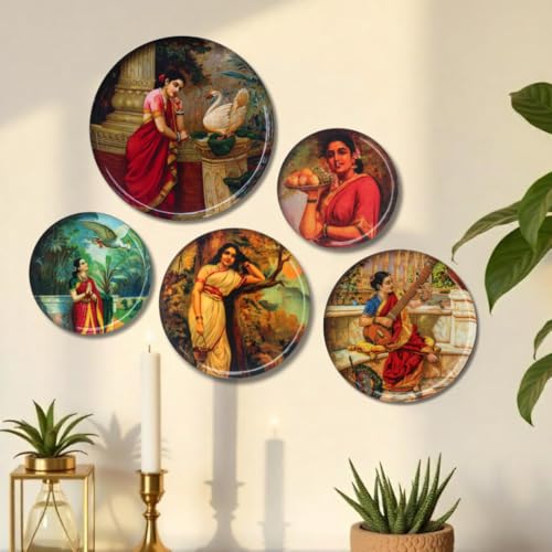 Image of the atrAng Raja Ravi Verma Wall Plates For Home Decor,Indian lady wall hanging plates set of 5,Vintage Metal Wall Art for Living Room,Pooja Room (5)