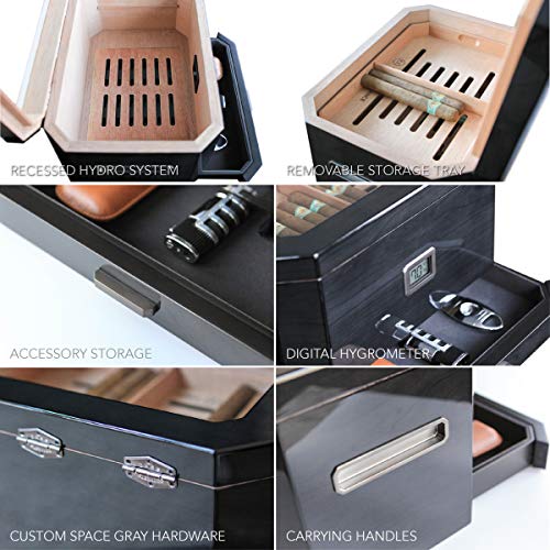 Octodor Large Black Piano Finish Glass Top Cedar Humidor with Digital Hygrometer, Humidification System, and Accessory Drawer - Holds (50-100 Cigars) by Case Elegance Octodor Large Black Piano Finish Glass Top Cedar Humidor with Digital Hygrometer, Humidification System, and Accessory Drawer - Holds (50-100 Cigars) by Case Elegance