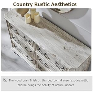 T4tream farmhouse 6 drawers dresser for bedroom 54 wide wood rustic chest of drawers with natural texture vintage design storage dressers organizer for bedroom living room distressed white  urban country home decor