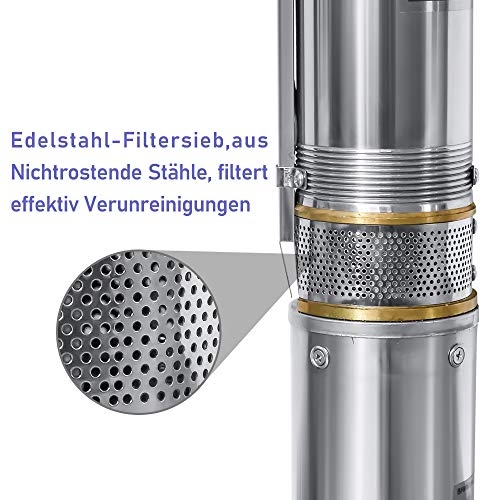Foto von EINFEBEN Tiefbrunnenpumpe Tauchpumpe für Brunnen Gartenbewässerung oder Heimgebrauch 0.37kW/0.5hp bis 4.000 l/h Fördermenge Edelstahl Brunnenpumpe Sandverträglich Tauchdruckpumpe 3.4 bar max