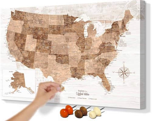 Wall Art for Living Room Office Wall Decor Vintage Map of the United States Travel Map with Pins Framed Large Bedroom Dining Room Motivational Canvas Paintings Farmhouse Neutral Rustic Brown