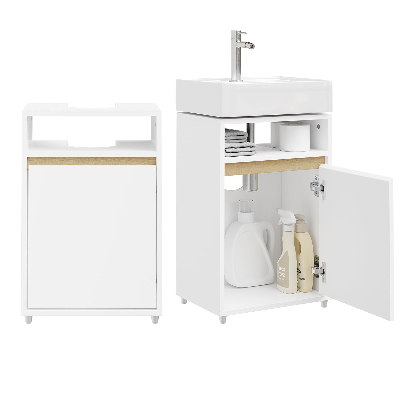 SoBuy Mobile Sottolavabo Stretto con Apertura a U 40x60x30cm per Bagno | Armadietto Salvaspazio, Mobile Bagno di Servizio per Piccoli Spazi, Finitura Opaca Bianco e Legno BZR222-W