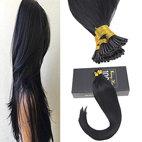 Sunny 20Inch Jet Black #1 Remy I Tip Stick Human Hair Extensions 50 Strands Fusion Hair Extensions with Salon Style