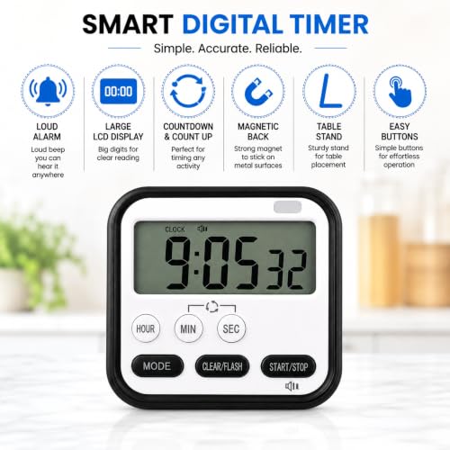 Image of Digital Kitchen Timer, Loud Alarm, Large LCD Display, Countdown Timer, Stopwatch, Magnetic Back, Foldable Stand for Kitchen, Cooking, Study & Office (Black with White)
