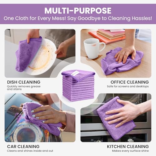 Image of SIFANGKE Microfiber Cleaning Cloth, 12 Pack Purple Cleaning Rags for Housekeeping, Reusable Microfiber Towels for Car, Kitchen, Bathroom and Household Cleaning Supplies, 11.8 inchX11.8 inch