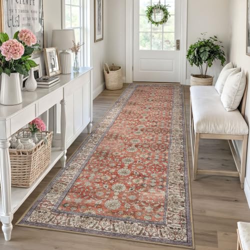 KUTA Vintage Floral Wide Runners for Hallways Washable 3x10 ft Red Clay