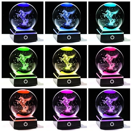 Image of 3D Unicorn Crystal Ball Snow Globe Gifts for Women, Laser Etched Unicorns Night Light Decor for Girls Bedroom for Adults or Girls