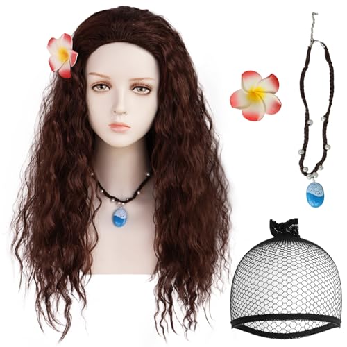 BESTBEL+Necklace+Flower +Hair Cap Dark Brown Wig Long Brown Wig for Women Long Curly Brown Anime Hair for Halloween Cosplay Womens Cosplay Outfit Synthetic Wig for Costume Party