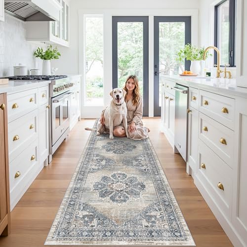 YOUFORTONG Washable Runner Rug 3x10: Indoor Vintage Soft Kitchen Runners Non-Slip Rubber Backing Stain Resistant Hallway Entryway Carpet Ultra Thin Floor Decor Mat for Living Room Bedroom (Blue, 3x10)