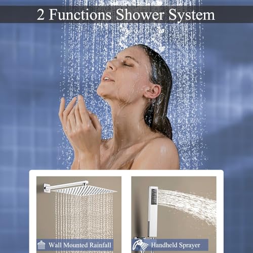 Image of Shower Faucet Set 16 Inch Wall Mount Rain Shower System, All Metal Shower Fixtures - Polished Chrome