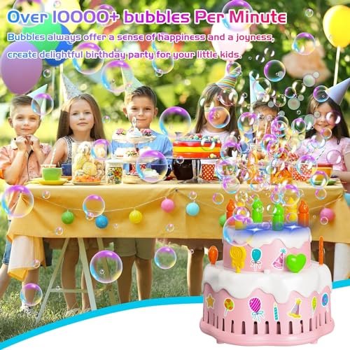 Bombble Geburtstagskuchen Seifenblasenspielzeug, Seifenblasenmaschine für Kinder 10000+ Blasen/Min mit Seifenblasenlösung/Musik, Geschenk für Geburtstag/Party/Hochzeit/Kindstag, Bubble Machine