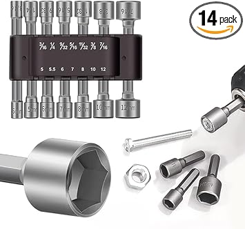 Kliffoo 14 Piece Power Nuts Driver Drill Bit Socket Wrench Tools Set,1/4 inch Hex Shank Nut Driver Socket Wrench Tools,Electric Screwdriver Wrench Nut setter Set,Drill Chuck Adapter For drill machine