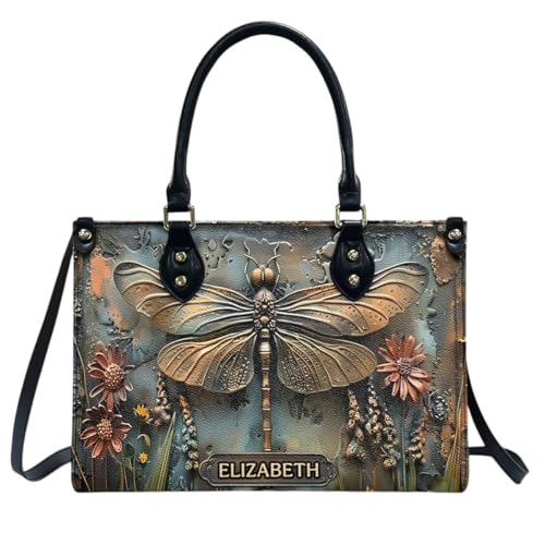 Stunning Dragonfly - Personalized Dragonfly Leather Handbag, Vintage Dragonflies Printed Handbag With Adjustable Shoulder Strap And Top Handle, Custom Name Gift For Mom, Woman, Mother's Day
