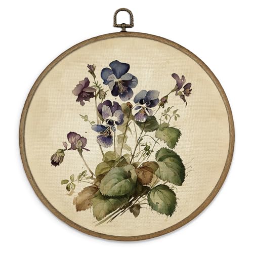MAQIKA Vintage Purple Flower Framed Wall Art Decor, Floral Wall Decor, Wildflower Round Wall Hanging Decor, Retro Botanical Canvas Prints Wall Art for Bedroom Living Room, 10x10 Inch