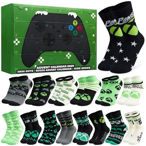 Get Trend Xbox Calendario Adviento 2025 con 24 Pares Calcetines Originales para Niños Adolescentes, 35-40, Diseños Videojuegos Divertidos (Verde Xbox)