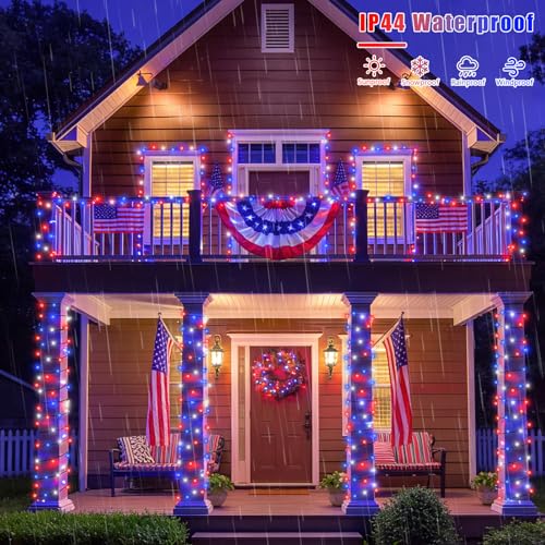 YEGUO Solar String Lights Outdoor Waterproof, 2 Packs Each 66ft 200LED Red White Blue Light, 8 Modes 4th of July Lights for Independence Memorial Day Decor by YEGUO - Used condition - Image 4