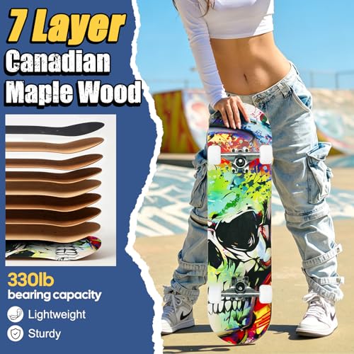 Image of Skateboards for Beginners Adults Youths Teens Kids Girls Boys 31 Inch Pro Complete Skate Boards 7 Layer Canadian Maple Double Kick Concave Longboards