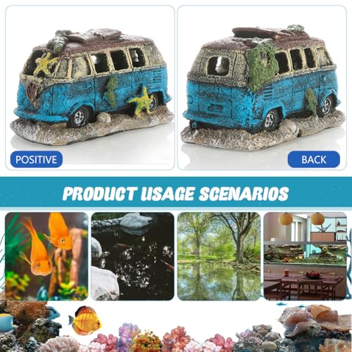 Image of Qpets Fish Tank Accessories, Aquarium Decorative Items, Vintage Resin Old Bus with Hiding Cave Engraving Seaweed and Starfish for Fish /Shrimp /Betta Fish (13x7.5x8CM)