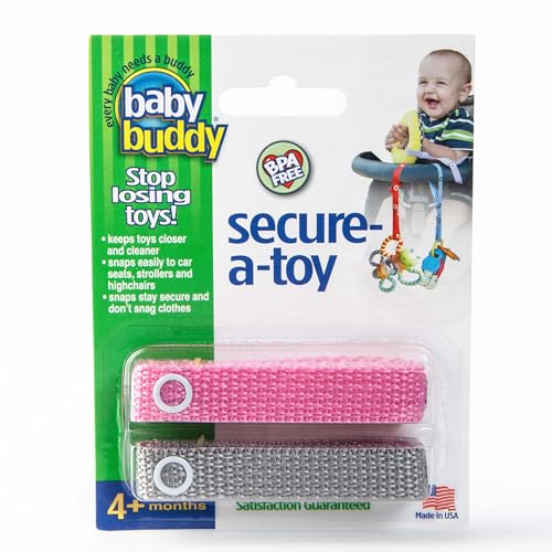 Baby Buddy Secure-A-Toy, Safety Strap Secures Toys, Teether, or Pacifiers to Strollers, Highchairs, Car Seats, Adjustable Length to Keep Toys Sanitary Clean, Registry Must Haves, Pink-Gray, 2 Count