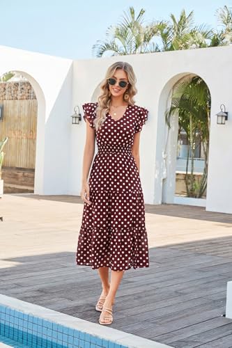 Image of GRACE KARIN 2026 Womens Summer Dresses V Neck Ruffle Sleeve Floral Boho Beach Dress A-Line Swing Midi Wedding Guest Sundress