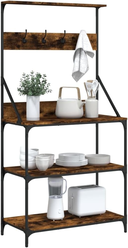 4-Tier Smoked Oak Engineered Wood Baker's Rack with Hooks, 4 Hooks Included, 1 Top Shelf and 3 Large Lower Shelves for Kitchen Appliances, Adjustable Feet for Stability,