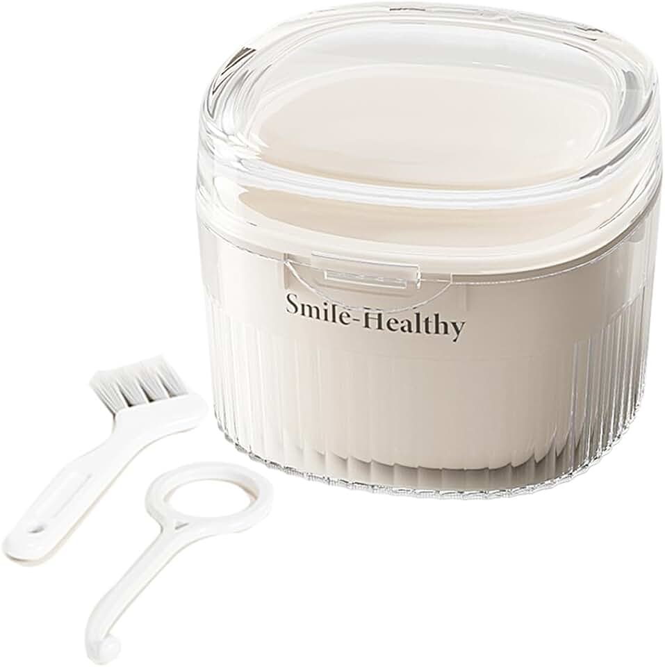 Denture Case Kit, Retainer Cleaner Case with Cleaning Brush, Retainer Cleaning Denture Bath Cup with Mirror Use in Denture Bridges, Partial Dentures, Traditional Braces for Travel