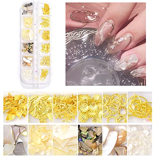 Edittime 5 Boxes 3D Nail Art Crushed Sea Shell Irregular Iridescent Natural Abalone Seashell Slices Starfish Metal Sea Star Conch Moon Triangle Rivet Gems(Sea Shell Kit) #TOP3