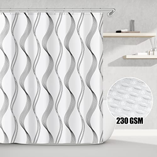 Hokibero Extra Long Grey Shower Curtains For Bathroom Heavy Duty 230Gsm Fabric Shower Curtain Set With Weighted Hem Waffle Cloth Modern Stripe Dark Grey Bath Curtain Washable Shower Curtain #TOP1