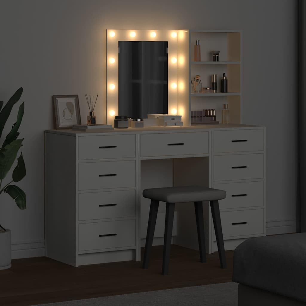Schminktisch 3-teilig Weiß Holzwerkstoff mit LED-Spiegelbeleuchtung und viel Stauraum für moderne Schlafzimmer, Frisiertisch, Kosmetiktisch, Make-up-Tisch, Organizer, stilvoll und funktional