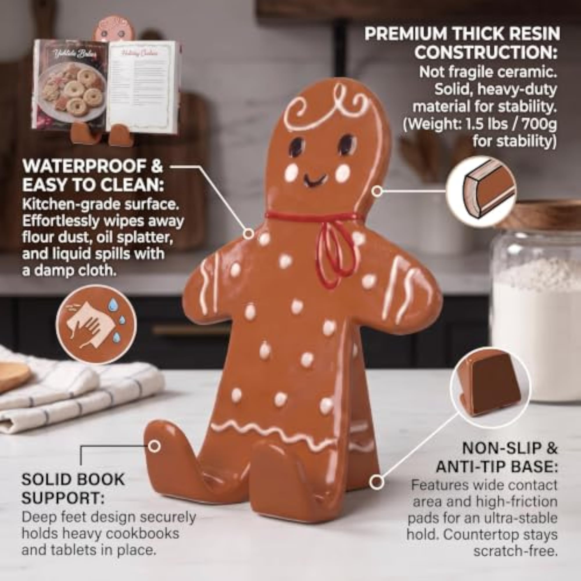 Christmas Gingerbread Man Cookbook Stand, Resin Recipe Holder