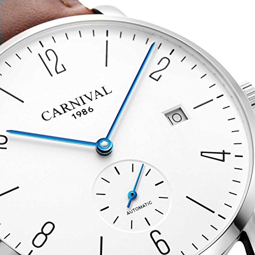 Image of MASTOP Mens Ultra-Thin White Dial Watches Leather Strap Fashion Waterproof High End Automatic Mechanical Watch