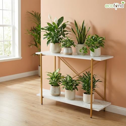 Image of ecofynd Elix Plant Stands for Balcony, Flower Pot Stand for Indoor Plants, 2 Tier Long Metal Planter Stand for Living Room, home decor, Indoor & Outdoor plants (47 inchX9 inchX28 inch, White and Gold)