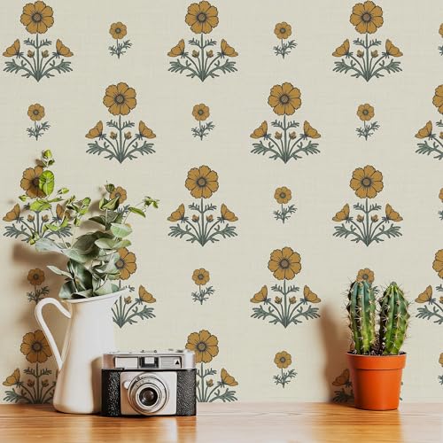Fiula Vintage Floral Wallpaper Floral Peel and Stick Wallpaper for Bathroom 196"×17.3" Daisy Wall Paper Yellow and Green Cottagecore Contact Paper for Nursery Kitchen Self-Adhesive Vinyl Waterproof
