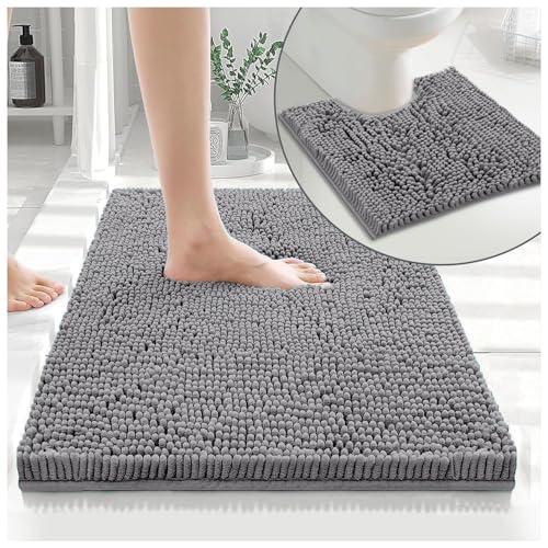 GC GAVENO CAVAILIA Soft Bath Mat Sets For Bathroom | 2 Piece Bath Mat Non Slip Back | Highly Water Absorbent & Fast Drying 100% Microfiber Chenille Toilet Rug with Pedestal Mat | Silver
