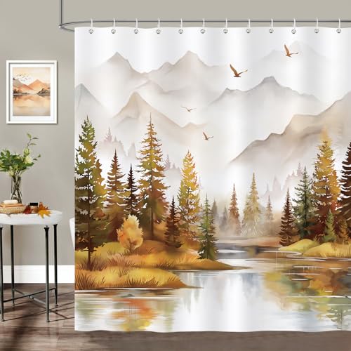 Bonhause Cortina de Ducha Bosque Brumoso Acuarela Montaña Árbol Naturaleza Paisaje Marrón Cortina de Baño de Poliéster Impermeable Antimoho Lavable Cortina Ducha 180 x 180 cm con 12 Ganchos