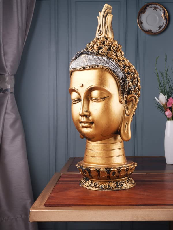Image of THE WHITE INK DECOR Gold Toned Buddha Head Figurine for Home Decor, Vastu, Feng Shui, Religious Gift, Good Luck Idol Table Showpiece (16 Inches)