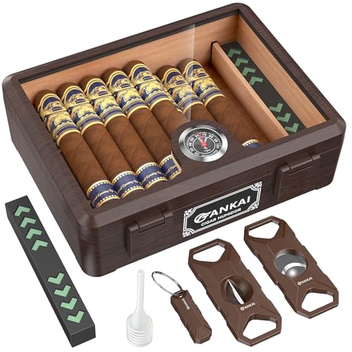FANKAI Humidificador de charutos, caixa de charutos com tampa de vidro com guilhotina de corte reto, corte em V, ferramenta de perfuração, capa de forro de madeira de cedro espanhol, caixa de