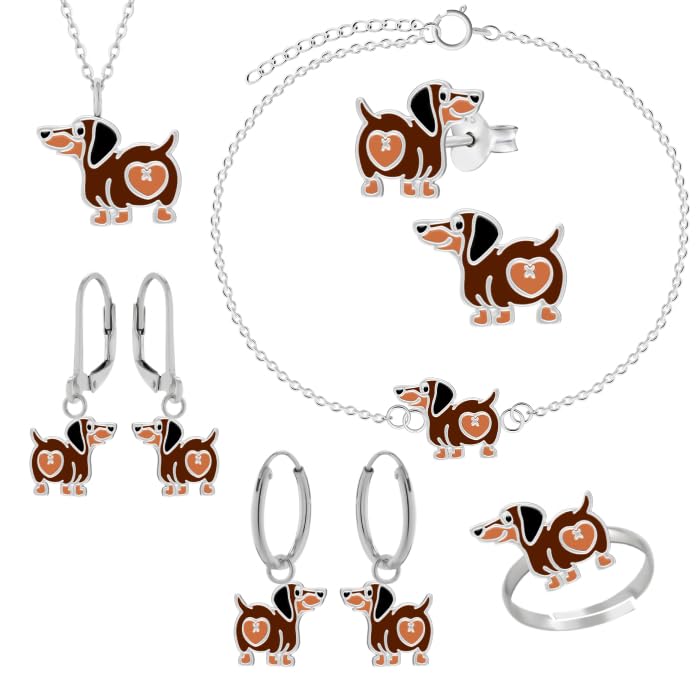 LOVE YOUR CITY Armband Hund Dackel – Kinderschmuck aus 925 Sterling Silber & Emaille – Verstellbar 14–17 cm – Geschenk für Mädchen & Kinder – Hundearmband mit Herz
