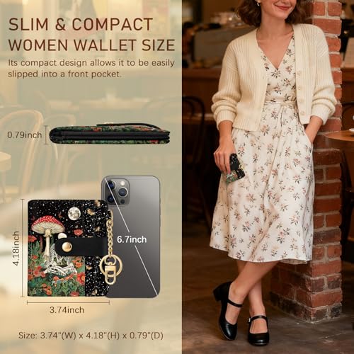 Image of Jogjam Mushroom Skull Rfid Ladies Wallet, Small Slim Thin Compact Credit Card Women Wallet, Skeleton Goth Horror PU Leather Bifold Zipper Coin Pocket for Female