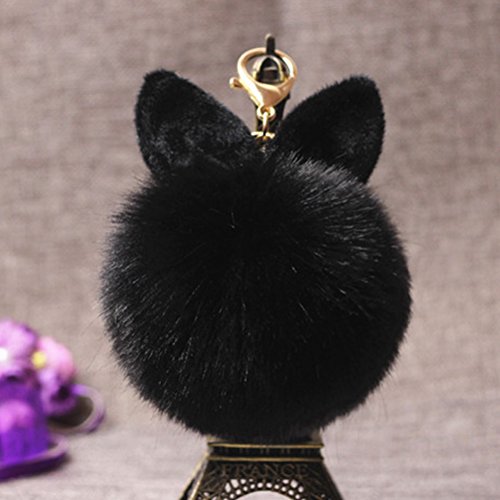 Chaveiro fofo com bola de pele de pompom e chaveiro de orelha de coelho para decoração (Preto)