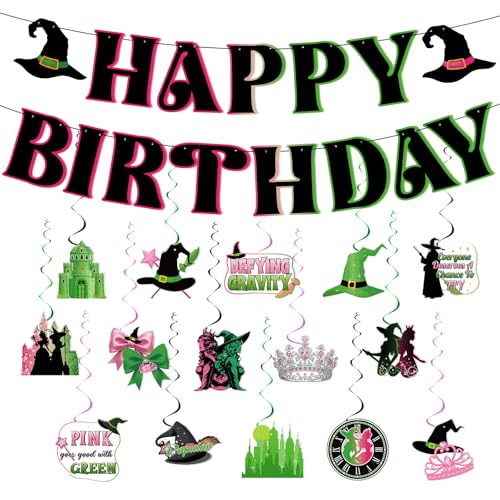 Image of Hooqict Witch Birthday Decorations Pink and Green Happy Birthday Banner with 15Pcs Hanging Swirl Ceiling Streamers for Girls Women Princess Witch Movie Themed Party Decorations Supplies