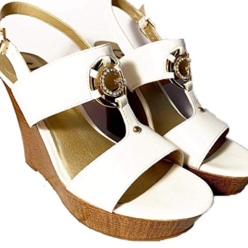 GUESSWomen's Rhinestone 'G' Logo High Heel Wedges 7M Leather - White, 38 EU