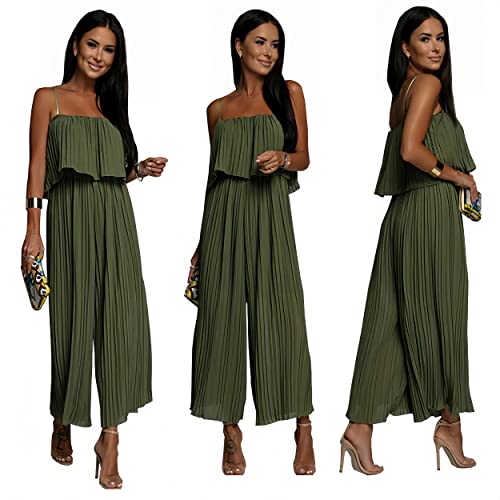 Loopfkl Jumpsuits For Women Dressy Casual Pleated Summer Jumpsuits Dressy Wide Leg Sleeveless Elegant Pants Rompers (Green, M) #TOP3