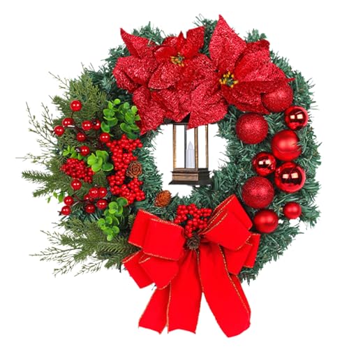 Corona de Navidad con luces, versatilidad para puerta y ventana, 40 x 40 cm, corona navideña iluminada artificial, decoración de Navidad para puerta, libertad de toma de corriente, para pared