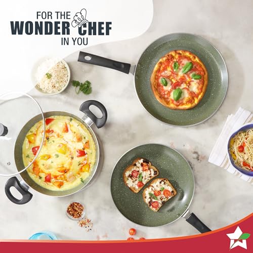 Image of Wonderchef Valencia Non-Stick Cookware 4 Pc. Set | Kadhai with Lid 24 cm, Fry Pan 24 cm, Dosa Tawa 28 cm | Pure Grade Aluminium | PFOA Free | 2-Yr Warranty | Olive Green