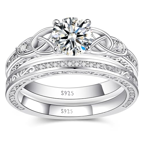 Vintage Celtic Knot Women's Engagement Ring Sets 925 Sterling Silver/14K Gold Plated Stackable Wedding Bands Rings AAAAA Cubic Zirconia Women Bridal Sets Wedding Ring Band Width 1.8mm Size 5-9