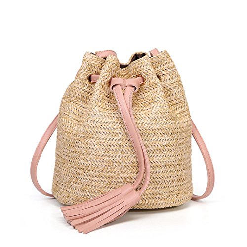 SamMoSon Femme Sac a Main Cuir Gland Sac Bandouliere de la Mode Sacs Portés épaule Sac à Seau-Sac Paille Rond ete Sacs à Bandoulière Tissé à la Main Rotin Plage Osier pour (Rose)